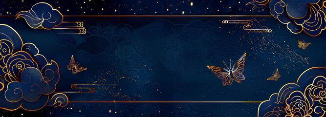 Wall Mural - chinese-style background with a simple auspicious cloud pattern decoration in a gold outline, a dark