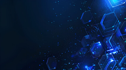 Wall Mural - blue technological background with hexagons and glowing lines, dark blue background, futuristic desi