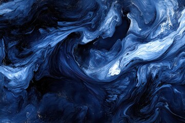 Wall Mural - Abstract swirling blue and white patterns resembling ocean waves and clouds in a dark background