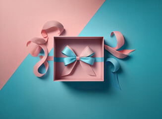 Canvas Print - A pastel pink gift box with a light blue bow sits open on a pink and blue background.  Untied ribbons curl playfully around the box.