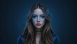 © LuxeFrame - Beautiful Woman with Futuristic Blue Light Patterns on Face, Digital Art, AI-Generated Portrait, Cyberpunk Style, Long Brown Hair, Dark Background