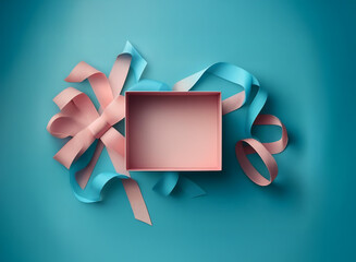 Canvas Print - A pale pink square gift box sits open on a teal background, adorned with flowing pink and blue ribbons in a celebratory arrangement.  The ribbons are loosely arranged around the box.