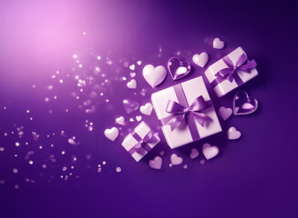 Canvas Print - A celebratory scene of purple gifts and hearts. Sparkling confetti adds to the festive mood, suggesting love and celebration.