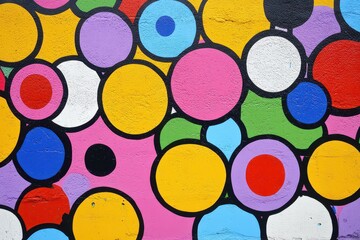 Colorful abstract mural featuring vibrant circles on a pink background, enhancing urban aesthetics