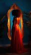 © spacenomads - Silhouette of a Woman in a Flowing Red Dress Posing Before a Golden-framed Mirror