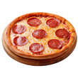 © Lek - Pepperoni Pizza on Wooden Board: A delicious-looking pepperoni pizza, with eight slices of pepperoni arranged neatly atop melted cheese on a thin crust, sits on a rustic wooden board.