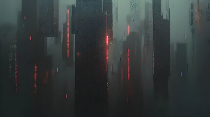 Futuristic city, glowing towers, foggy atmosphere, concept art, sci-fi background