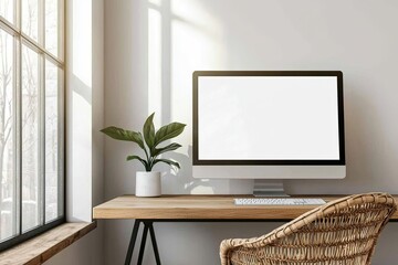 Wall Mural - Interior of modern workplace with blank screen computer on wooden table in modern room. Mock up