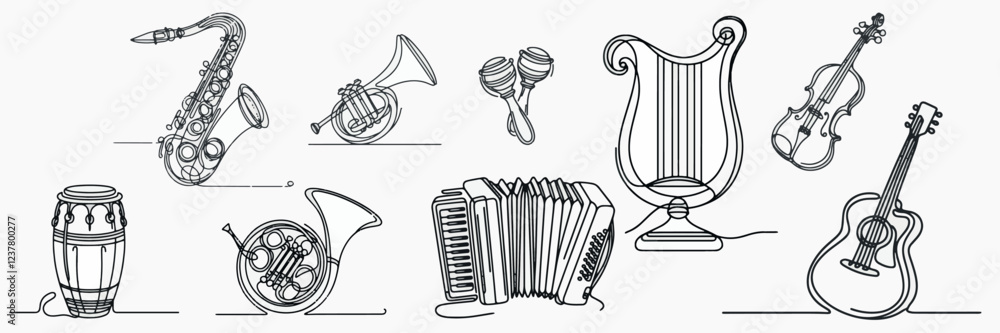 Vector Set of one line drawing illustration of musical instruments ...
