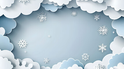 Wall Mural - paper-cut card. the empty center of the frame is surrounded by clouds and snowflakes in shades of bl