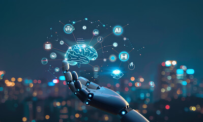 Wall Mural - robot hands holding an ai brain with various icons floating around it, set against the backdrop of c