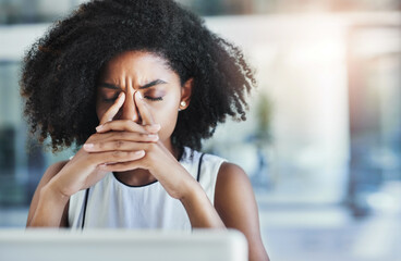 Aufkleber - Anxiety, burnout and headache with business woman at work on laptop for audit or tax. Tired, 404 error or mistake and frustrated employee in office with glitch for bankruptcy, debt or stress