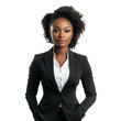 © yendisupiandi - A portrait of a self-assured Black woman dressed in a sharp black business suit against a plain background.