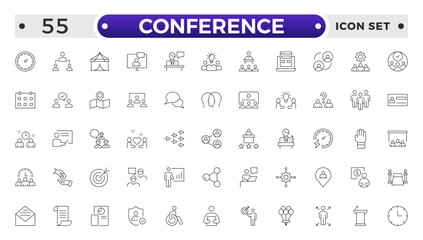 Wall Mural - Conference set of web icons in line style. Live webinar icons for web and mobile app. Containing conference, business meeting, classroom, team, interview, meeting, work, discussion and more.