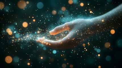 Wall Mural - hand holding magical sparkles, dark background, fantasy, website banner