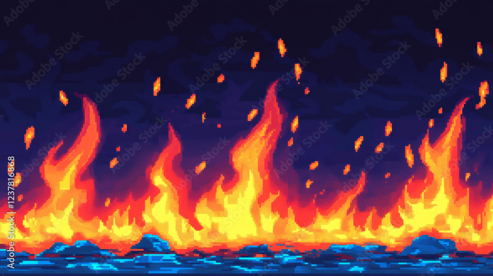 Pixel art fire, game animation of blue and red flames, vector 8 bit ...