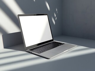 Wall Mural - Laptop Mockup With A Blank White Screen, Positioned On A White Platform Under A Beam Of Sunlight, A Modern And Minimalist Tech Presentation