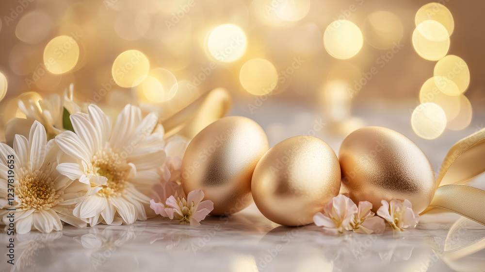 Luxurious Easter: Golden eggs, pastel flowers, satin ribbons on marble. Warm, blurred background. Elegant & refined.