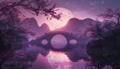 Wall Mural - the moon is large and round, the purple sky sprinkled with stars like scales. there is an arched bri