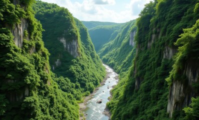 Wall Mural - Serene river flowing through lush valley