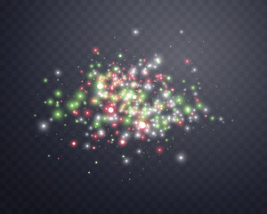 Wall Mural - Silver, green and red magic sparks and dust stars. Glittering dots, particles, sparkles. Glow flare light effect. Silver and green luminous points. Vector particles on transparent background.