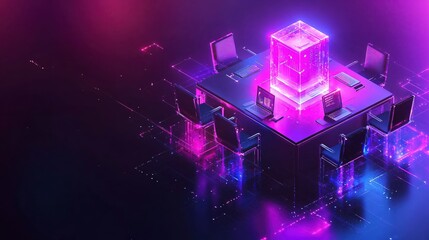Neon Tech Table Modern Workplace Digital Innovation Future Technology