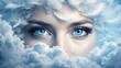 © Urenus Photos - Serene visage emerging from a soft, ethereal cloudscape, adorned with delicate feathers, her captivating blue eyes gazing serenely