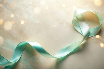 Wall Mural - Elegant Pastel Green Ribbon on Soft Textured Background with Subtle Shimmering Lights