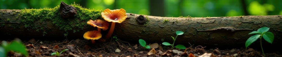 roots and fungi beneath the surface of a fallen tree trunk, foliage, forest floor, greenery