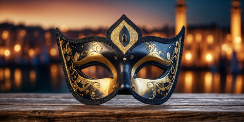 Wall Mural - black Venetian mask with gold decorations