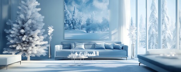 Icy blue living room featuring sleek furniture and frosty tree decorations