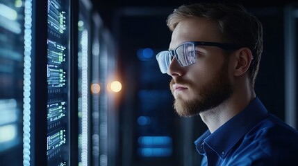 Focused Programmer Working Late at Server Rack Analyzing Data Streams