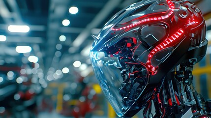 Aufkleber - Futuristic Robot Head Glowing Red Lights Advanced Technology Cyberpunk Style