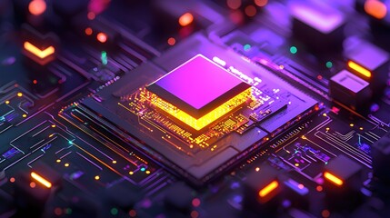 Poster - Futuristic Circuit Board with Glowing Processor Chip Technology Innovation