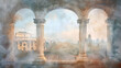 © Aleena - Watercolor painting depicting Roman ruins in the background, an arch with marble columns framing a view of ancient Rome, with muted pastel colors and a textured paper effect.