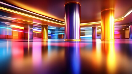 Poster - Vibrant Neon Lights Reflecting in Modern Hallway with Golden and Purple Columns