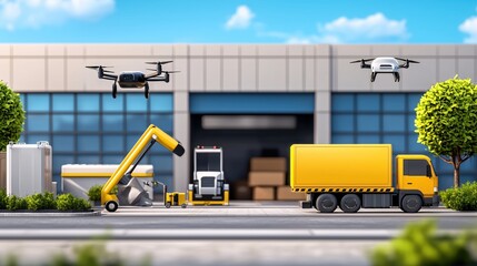 Poster - Modern Warehouse Logistics Drones Delivery Truck Efficient Transport