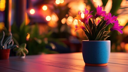 Aufkleber - Romantic Pink Flowers in Blue Pot Evening Glow Warm Light Garden Ambiance