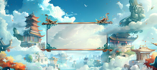 Wall Mural - white background, scroll with blank space in the center and an open photo frame on each side, lotus 