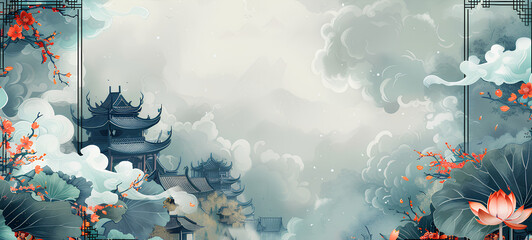 Wall Mural - white blank banner on a background of clouds, lotus flowers, and chinese-style bronze armor, with a 