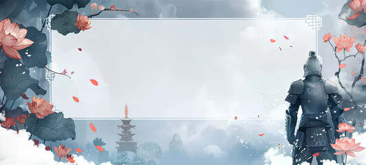 Wall Mural - white blank banner on a background of clouds, lotus flowers, and chinese-style bronze armor, with a 