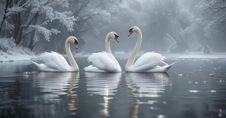 Naklejka na meble Pair of white swans delicately floating on frosty water, winter, birds