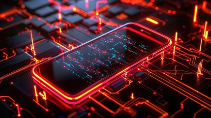Aufkleber - Futuristic Smartphone on Glowing Circuit Board Digital Technology