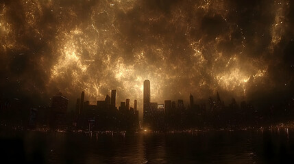 Wall Mural - Cityscape under fiery nebula, night. Sci-fi backdrop