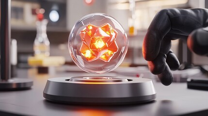 Poster - Glowing Crystal Orb in a Futuristic Laboratory Setting a Gloved Hand Approaches