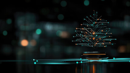 Digital tree with glowing circuits and lights