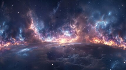 Wall Mural - Vast 360-degree space background featuring a colorful nebula and glittering stars, equirectangular projection for HDRI spherical panorama, perfect for environment mapping and immersive visuals