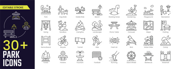 park stroke icon collections. containing park, dog walk, kiddie ride, bench, rocking, horse, gardeni