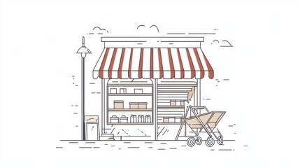 Small shop storefront, street view, baby carriage, sunny day, retail illustration