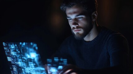 Man coding late, dark room, glowing screen, cybersecurity